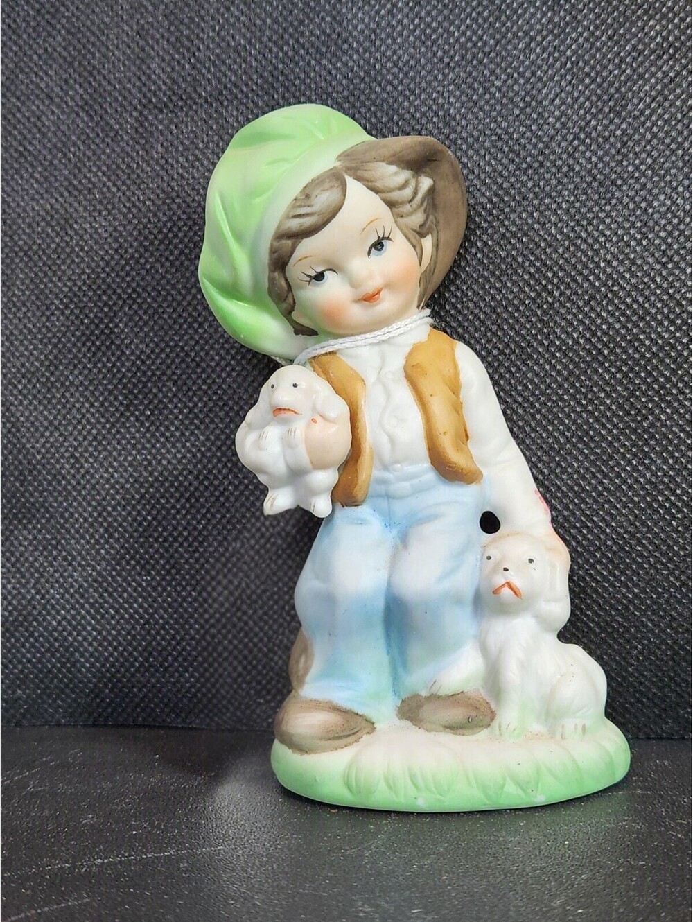 Little Boy with Dog & Puppy Ceramic Porcelain Figurine Green Paperboy Cap Vest